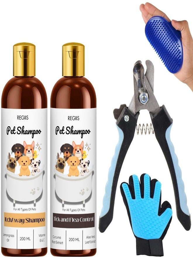 REGIIS Pet Grooming Kit with Dog Shampoo Set, 2 x 200ml Natural Pet Shampoo Bottles, Deshedding Glove Brush, Professional Pet Hair Removal Tools(Pack of 5) - Image 1